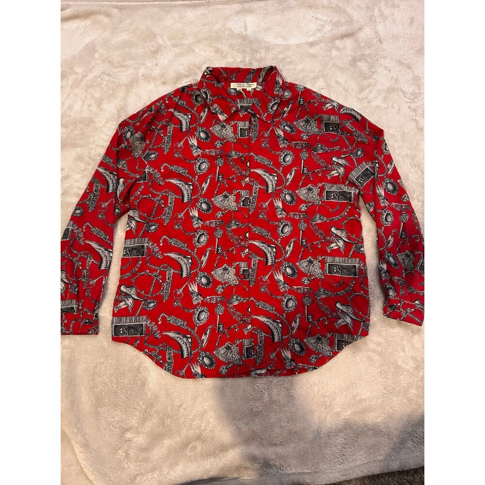 Vintage 80s Laura & Jayne Red Novelty Scarf Print Blouse Size 16